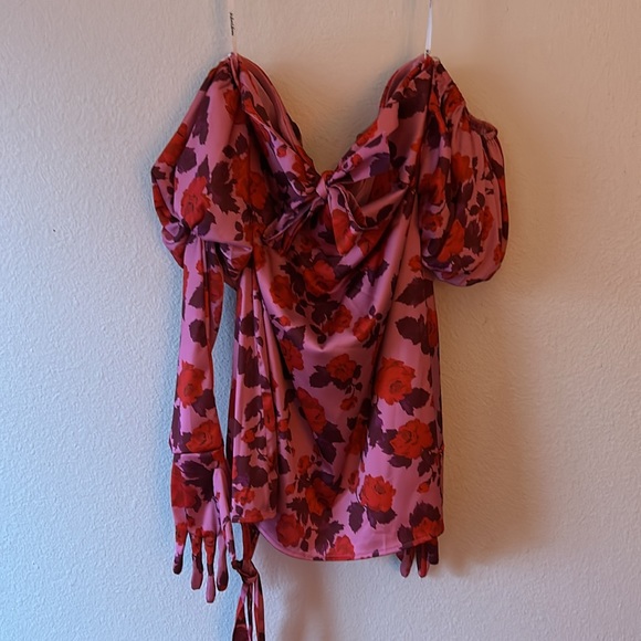 For Love and Lemons Huda Mini Dress Rose Print Strapless Satin with Puff Sleeves - Picture 5 of 12